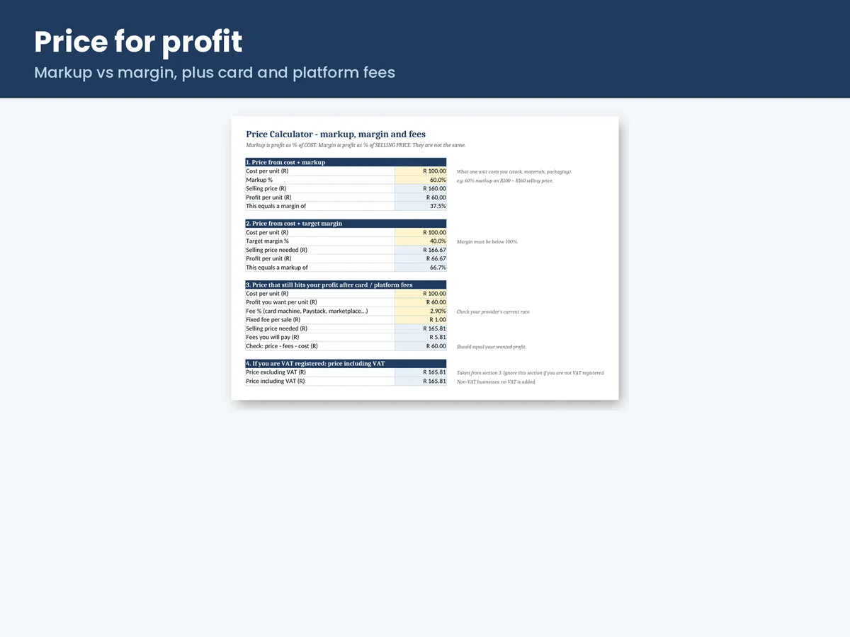 Price calculator for markup, margin and card fees