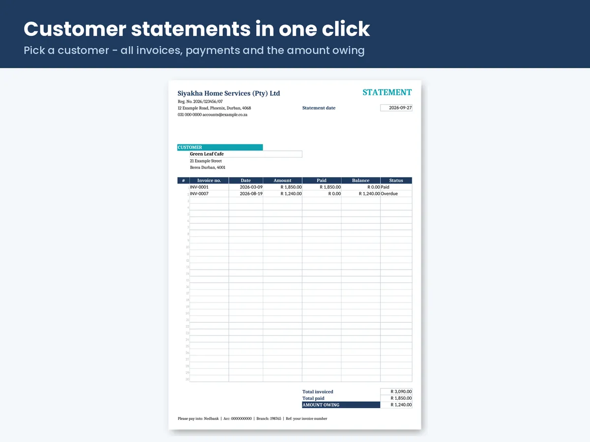 Customer statement listing invoices, payments and balance