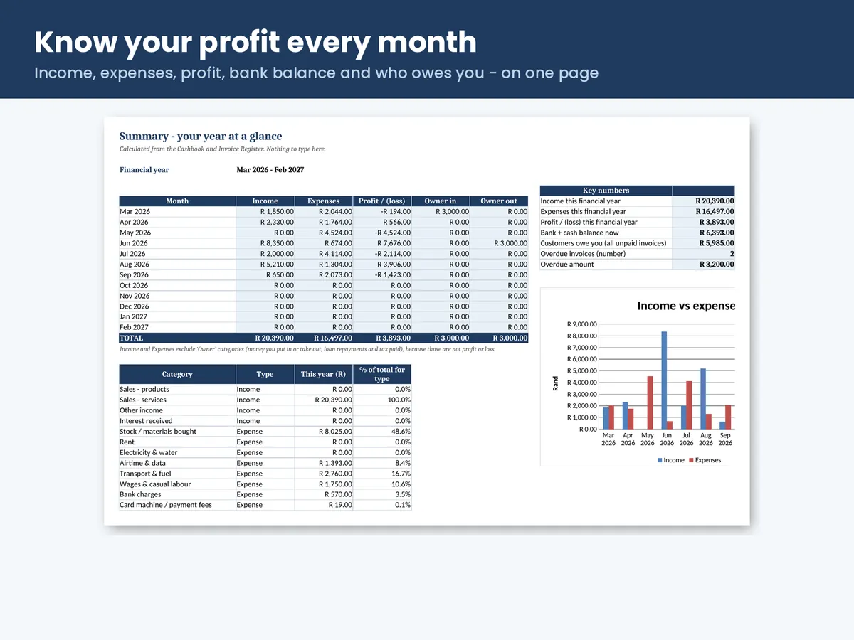 Monthly summary with income, expenses, profit and a chart